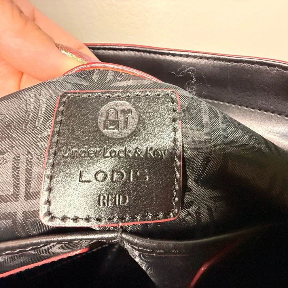 Lodis Black Red Edging Genuine Leather Large Tablet Tote Bag RFID & Cosmetic Bag